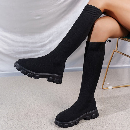 Women‘s New Styles Fashion Mid-Calf Stretch Fly-Knit Sock Martin Boots