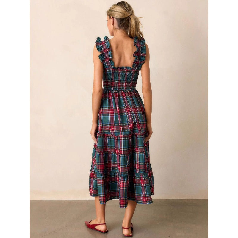 Women's Christmas Plaid Ruffle Casual Shirred Flared Sleeveless Tank Dress