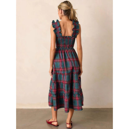 Women's Christmas Plaid Ruffle Casual Shirred Flared Sleeveless Tank Dress