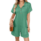 Women's Lapel Button Loose Pocket Short Sleeve Jumpsuits