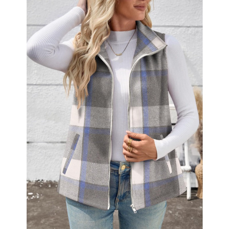 Women’s Christmas Fall/Winter Plaid Check Sleeveless Zipper Vest