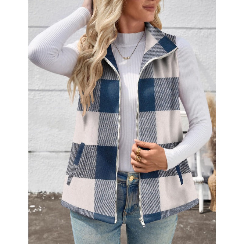 Women’s Christmas Fall/Winter Plaid Check Sleeveless Zipper Vest