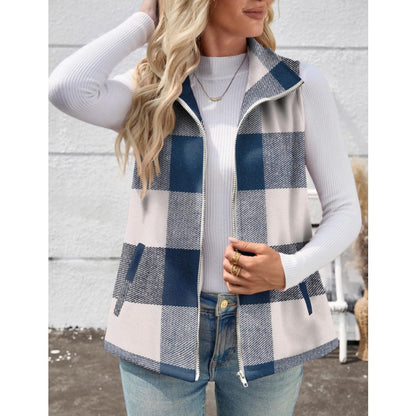 Women’s Christmas Fall/Winter Plaid Check Sleeveless Zipper Vest