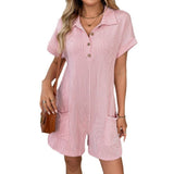 Women's Lapel Button Loose Pocket Short Sleeve Jumpsuits