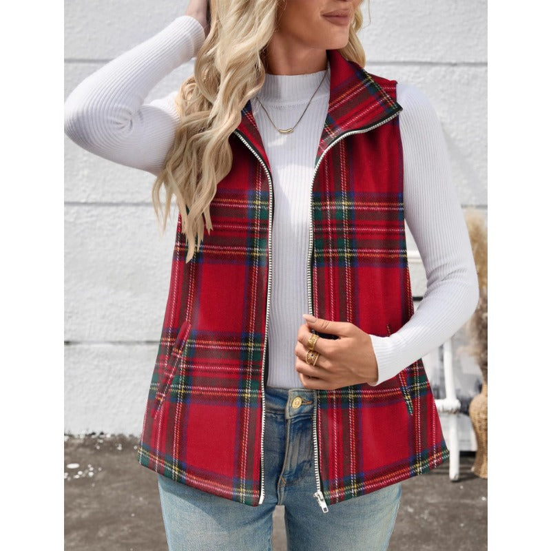Women’s Christmas Fall/Winter Plaid Check Sleeveless Zipper Vest