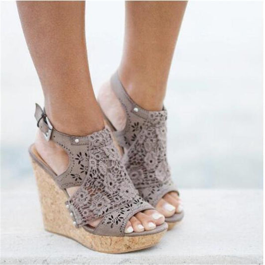 Kimemoda Floral Lace Corchet Sandals Slingback Cork Wedges