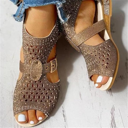 Kimemoda Perforated Caged Chunky Wedge Sandals Peep Toe Ankle Buckle Booties