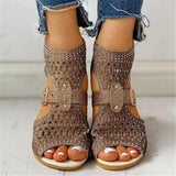 Kimemoda Perforated Caged Chunky Wedge Sandals Peep Toe Ankle Buckle Booties