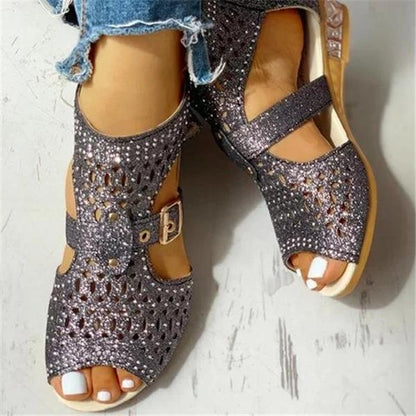 Kimemoda Perforated Caged Chunky Wedge Sandals Peep Toe Ankle Buckle Booties