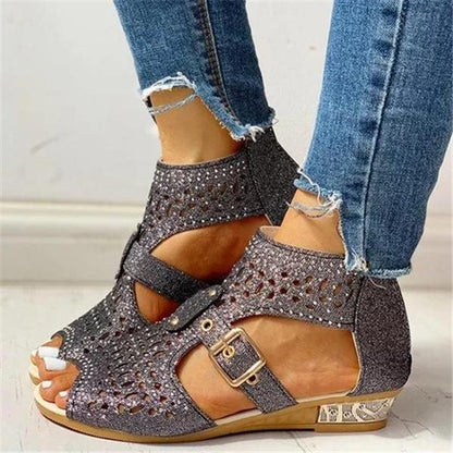 Kimemoda Perforated Caged Chunky Wedge Sandals Peep Toe Ankle Buckle Booties