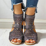 Kimemoda Perforated Caged Chunky Wedge Sandals Peep Toe Ankle Buckle Booties