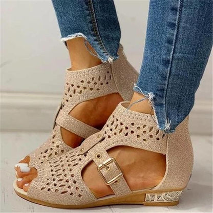 Kimemoda Perforated Caged Chunky Wedge Sandals Peep Toe Ankle Buckle Booties