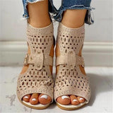 Kimemoda Perforated Caged Chunky Wedge Sandals Peep Toe Ankle Buckle Booties