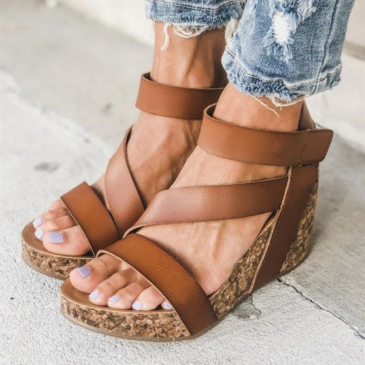 Kimemoda Trendy Retro Wedges Cork Platform Ankle Buckle Sandals