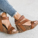 Kimemoda Trendy Retro Wedges Cork Platform Ankle Buckle Sandals