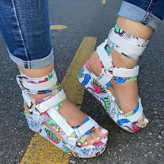 Kimemoda Pattern Graffiti Fashion Platform Sandals