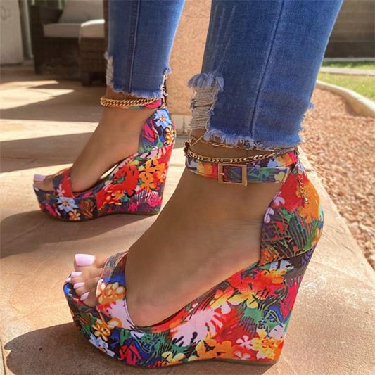 Kimemoda Printed Platform  Wedge Floral Open Toe Ankle Buckle Sandals