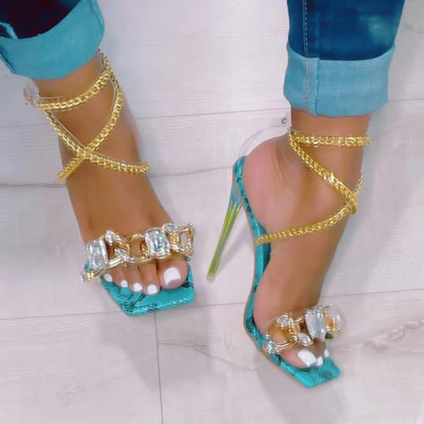 Kimemoda Womens Gold Chain Large Crystal High Heels Sexy Sandals