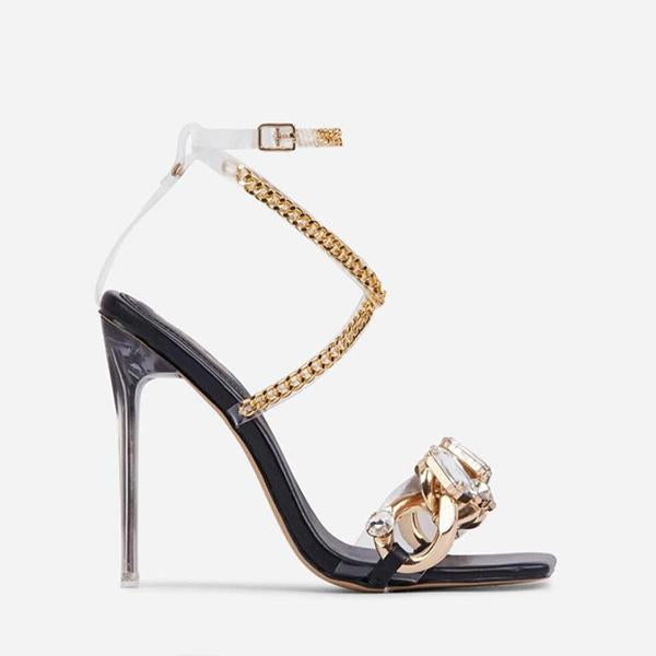 Kimemoda Womens Gold Chain Large Crystal High Heels Sexy Sandals