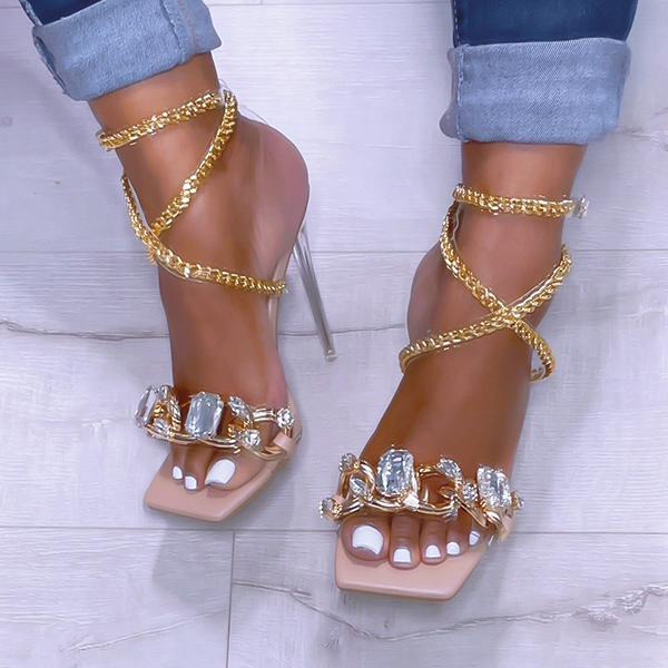 Kimemoda Womens Gold Chain Large Crystal High Heels Sexy Sandals