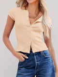 Womens Short Cap Sleeve Crop Tops Fitted Button Down V Neck Shirts Y2k Going Out Cute Ribbed Knit Tshirts