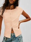 Womens Short Cap Sleeve Crop Tops Fitted Button Down V Neck Shirts Y2k Going Out Cute Ribbed Knit Tshirts