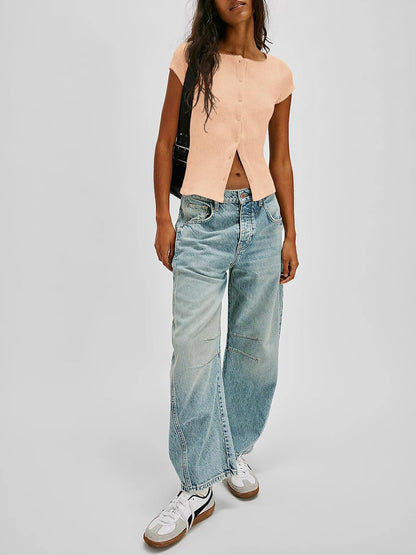 Womens Short Cap Sleeve Crop Tops Fitted Button Down V Neck Shirts Y2k Going Out Cute Ribbed Knit Tshirts