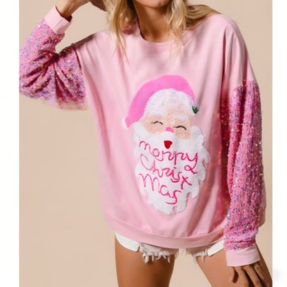 Women's Christmas Sequin Sleeve Sweet & Versatile Long Sleeve Fashion Sweatshirt