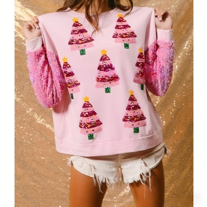 Women's Christmas Sequin Sleeve Sweet & Versatile Long Sleeve Fashion Sweatshirt