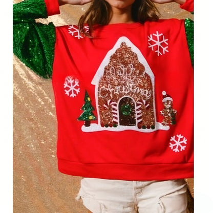 Women's Christmas Sequin Sleeve Sweet & Versatile Long Sleeve Fashion Sweatshirt