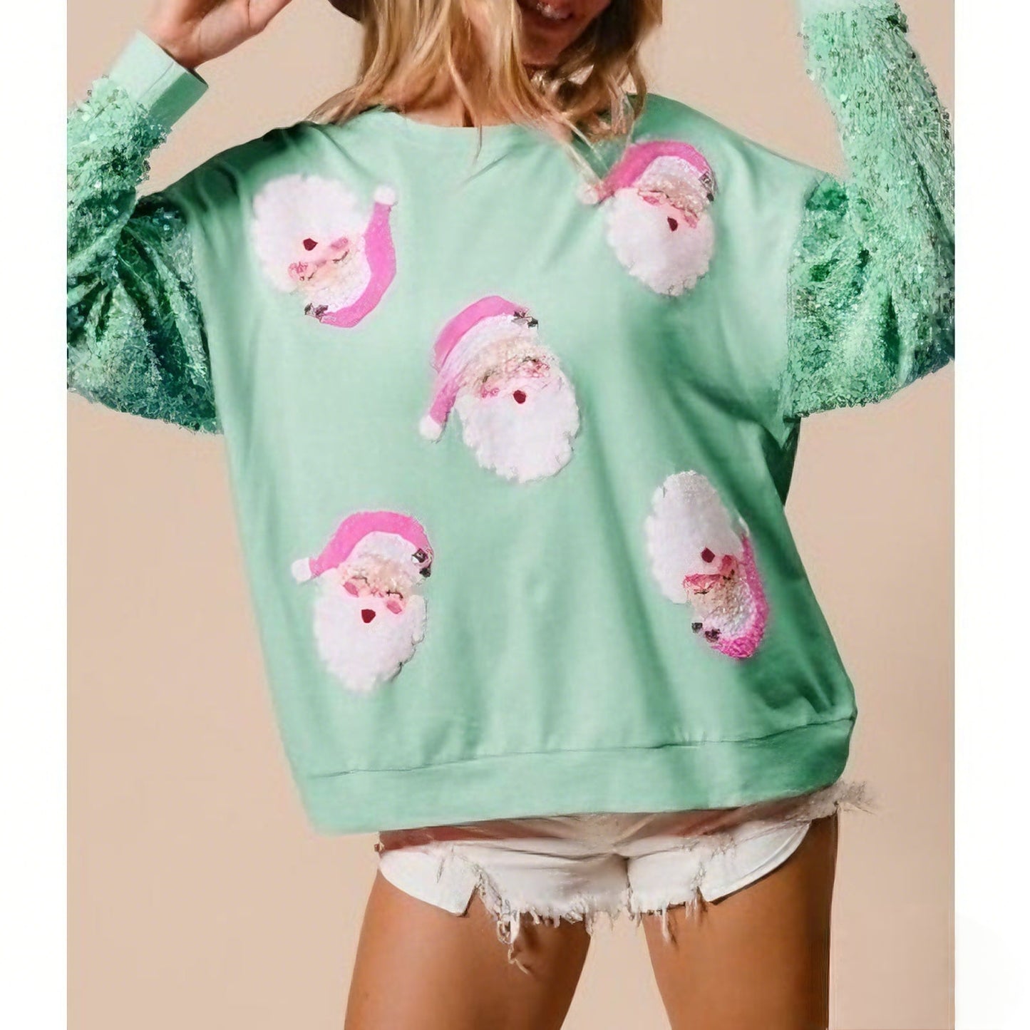 Women's Christmas Sequin Sleeve Sweet & Versatile Long Sleeve Fashion Sweatshirt