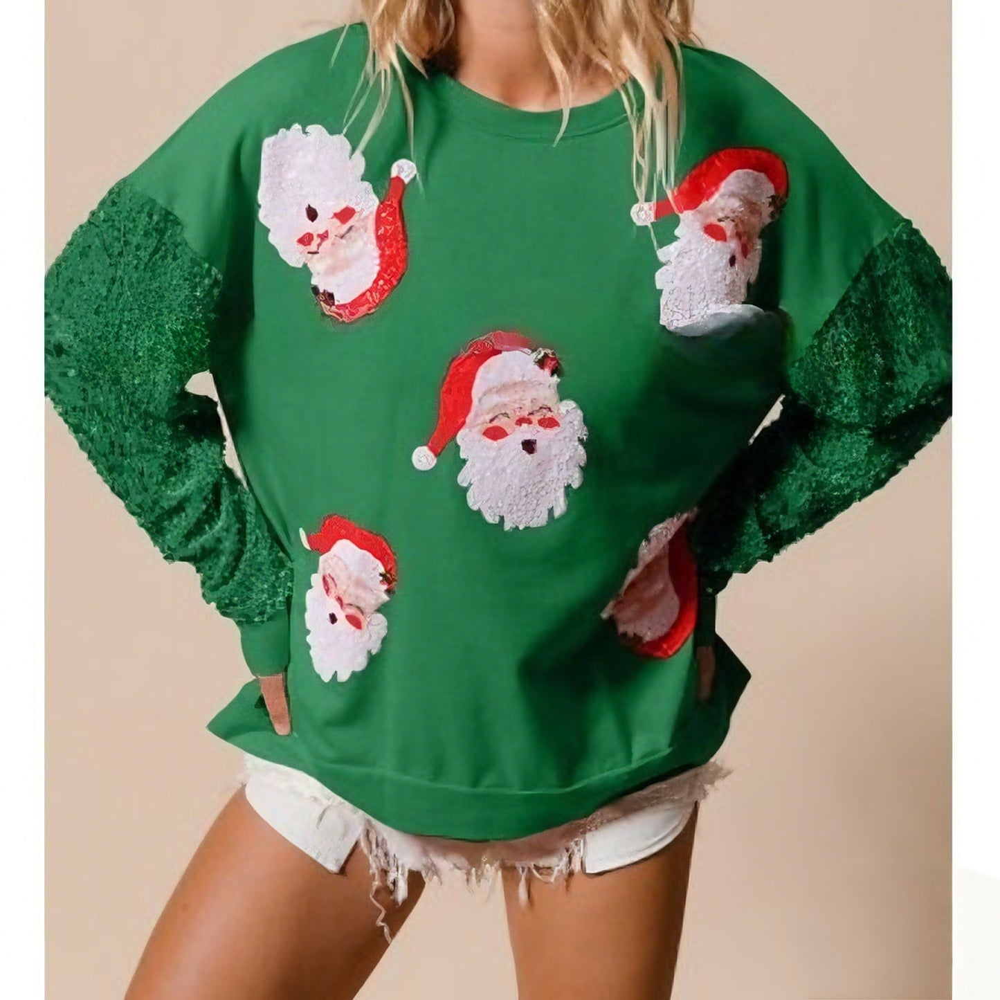 Women's Christmas Sequin Sleeve Sweet & Versatile Long Sleeve Fashion Sweatshirt