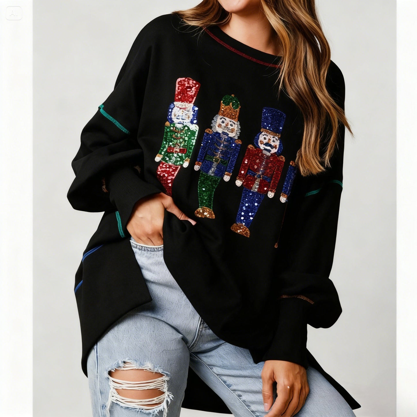 Women’s Christmas Sequin Long Sleeve Sweet & Cozy Thick Top Sweatshirt