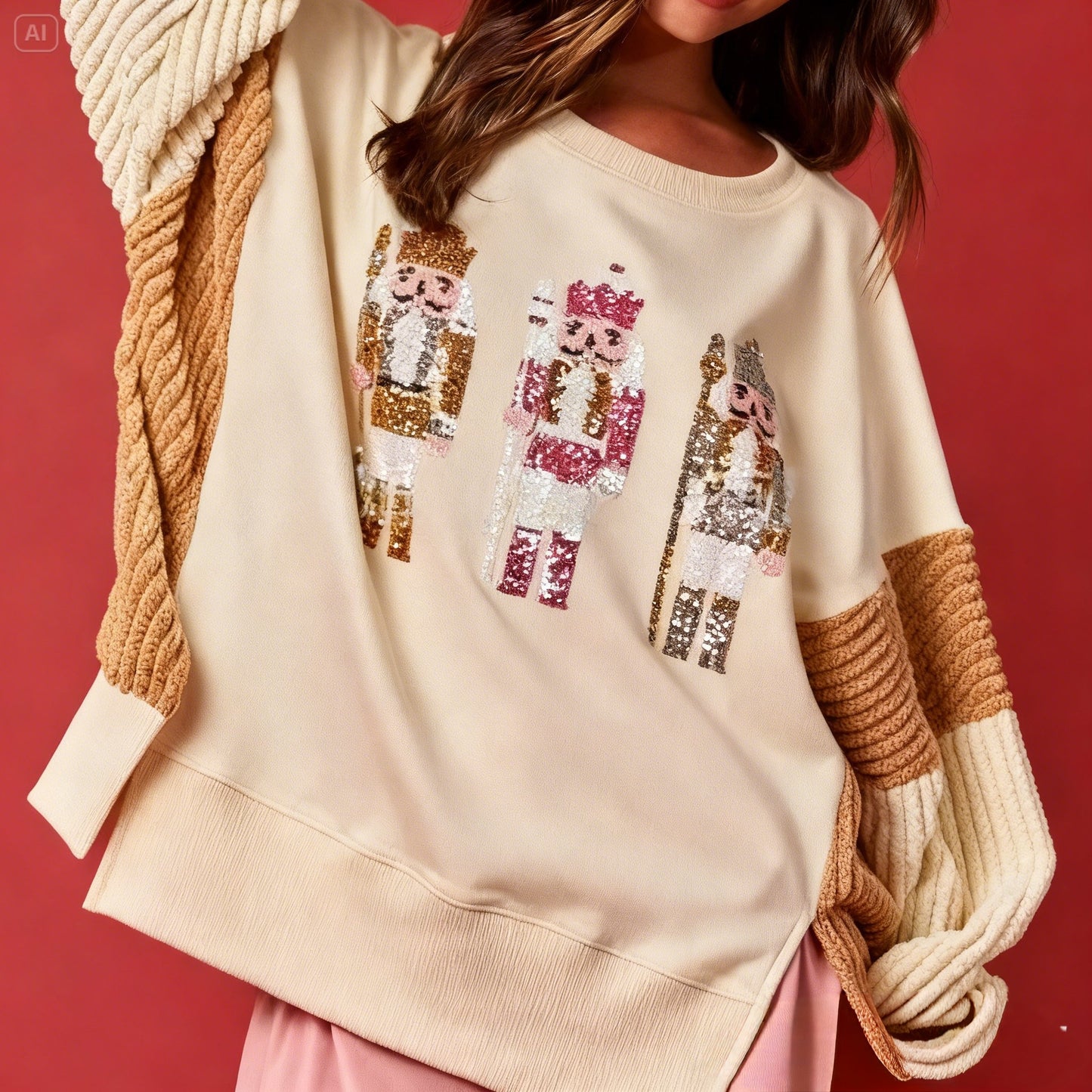 Women’s Christmas Soldier Sequin Color-Blocked Casual Sweatshirt