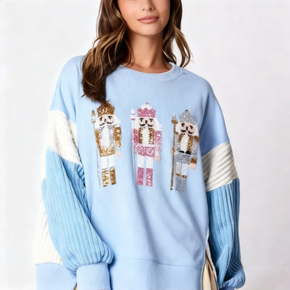 Women’s Christmas Soldier Sequin Color-Blocked Casual Sweatshirt