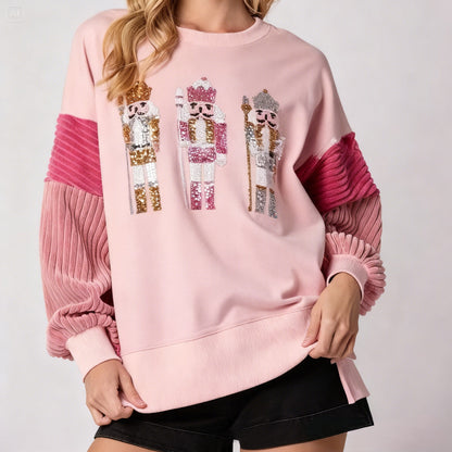Women’s Christmas Soldier Sequin Color-Blocked Casual Sweatshirt