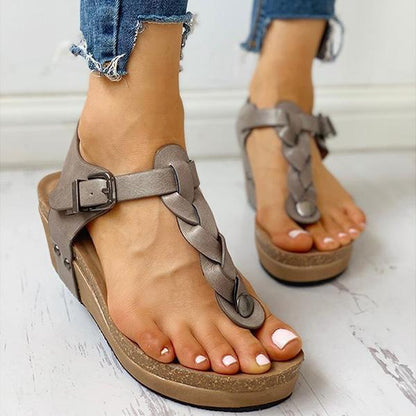 Kimemoda Rivet Design Toe Flip Flops Cork Wedge Sandals