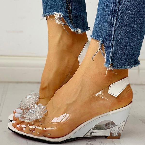 Kimemoda Studded Flower Design Clear Wedge Sandals Slip On Heels