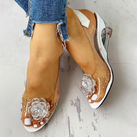 Kimemoda Studded Flower Design Clear Wedge Sandals Slip On Heels