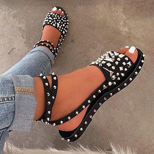 Kimemoda Rivet Open Toe Sandals with Buckled Ankle Strap