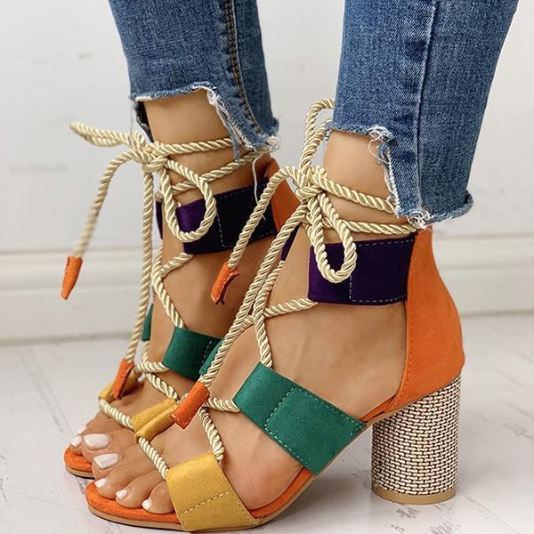 Kimemoda Colourblock Lace-up Sandals Chunky Block Heel Open Toe Sandals