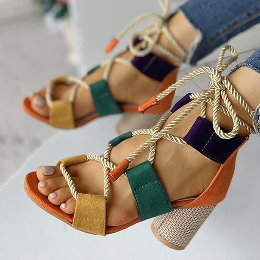 Kimemoda Colourblock Lace-up Sandals Chunky Block Heel Open Toe Sandals