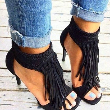 Kimemoda Womens Fashion Open Toe Heels Tassels Cutout Sandals