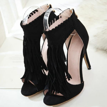 Kimemoda Womens Fashion Open Toe Heels Tassels Cutout Sandals