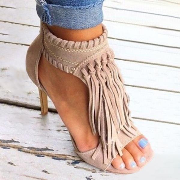 Kimemoda Womens Fashion Open Toe Heels Tassels Cutout Sandals