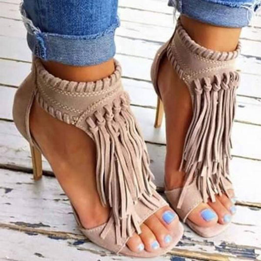 Kimemoda Womens Fashion Open Toe Heels Tassels Cutout Sandals