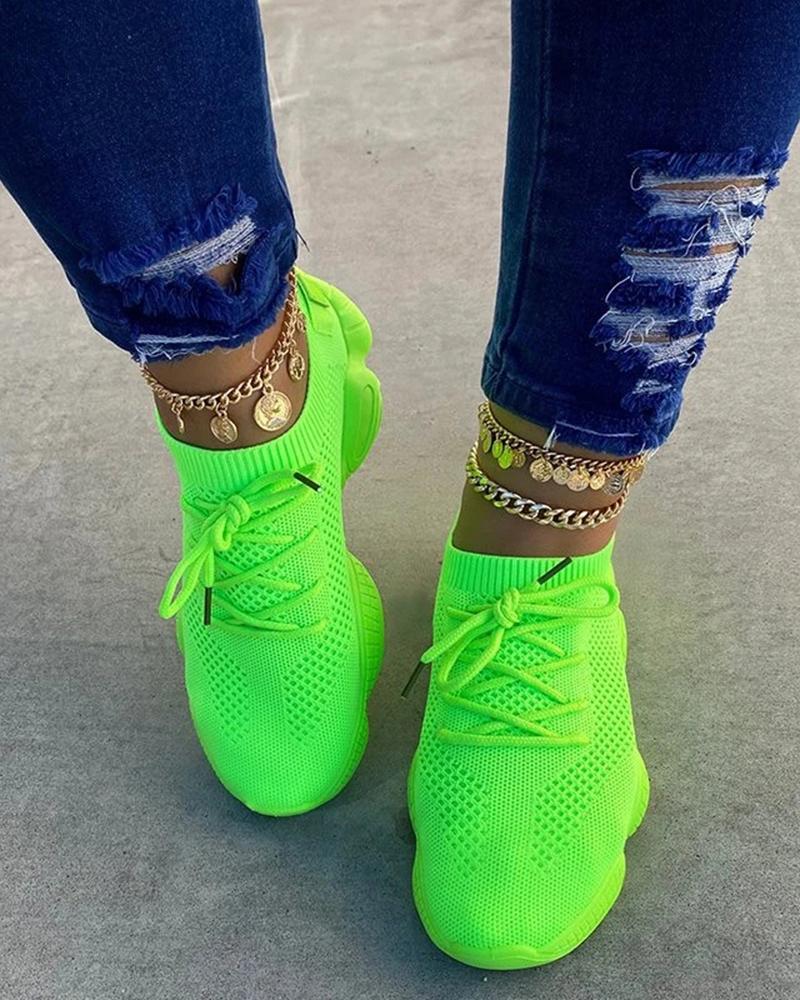 Kimemoda Breathable Solid Color Elastic Cuff Lace-up Comfortable Sneakers