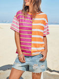 Womens Summer Striped Shirts Casual Color Block Short Sleeve Tops Loose Fit Crew Neck Tees