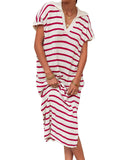 Womens Striped Summer Dresses Short Sleeve V Neck Knit Collared Sexy Slit Loose Maxi Sweater Dress