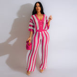 Women's Sexy V-neck Hollow Striped Lapel Knitted Pants Sets